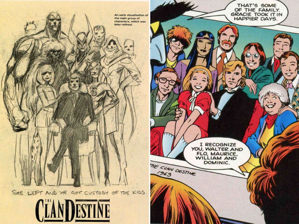 Early sketch of the ClanDestine and a family photo from the comic book