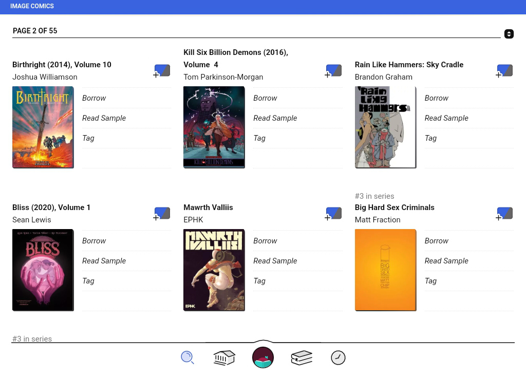 Screenshot of the results of the comic book searches with the Libby app on an Android tablet