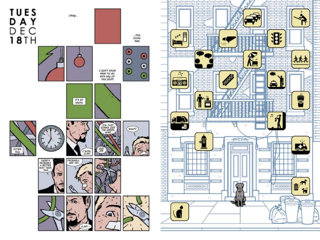 Interior pages from Hawkeye, drawn by David Aja
