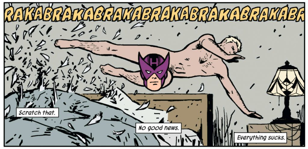 Hawkeye panel with the mask icon covering his modesty, drawn by David Aja